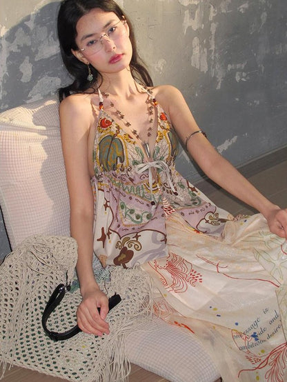 OfAkiva Bohemian Halter Tie Back Deep V Printed Slim Cropped Women&