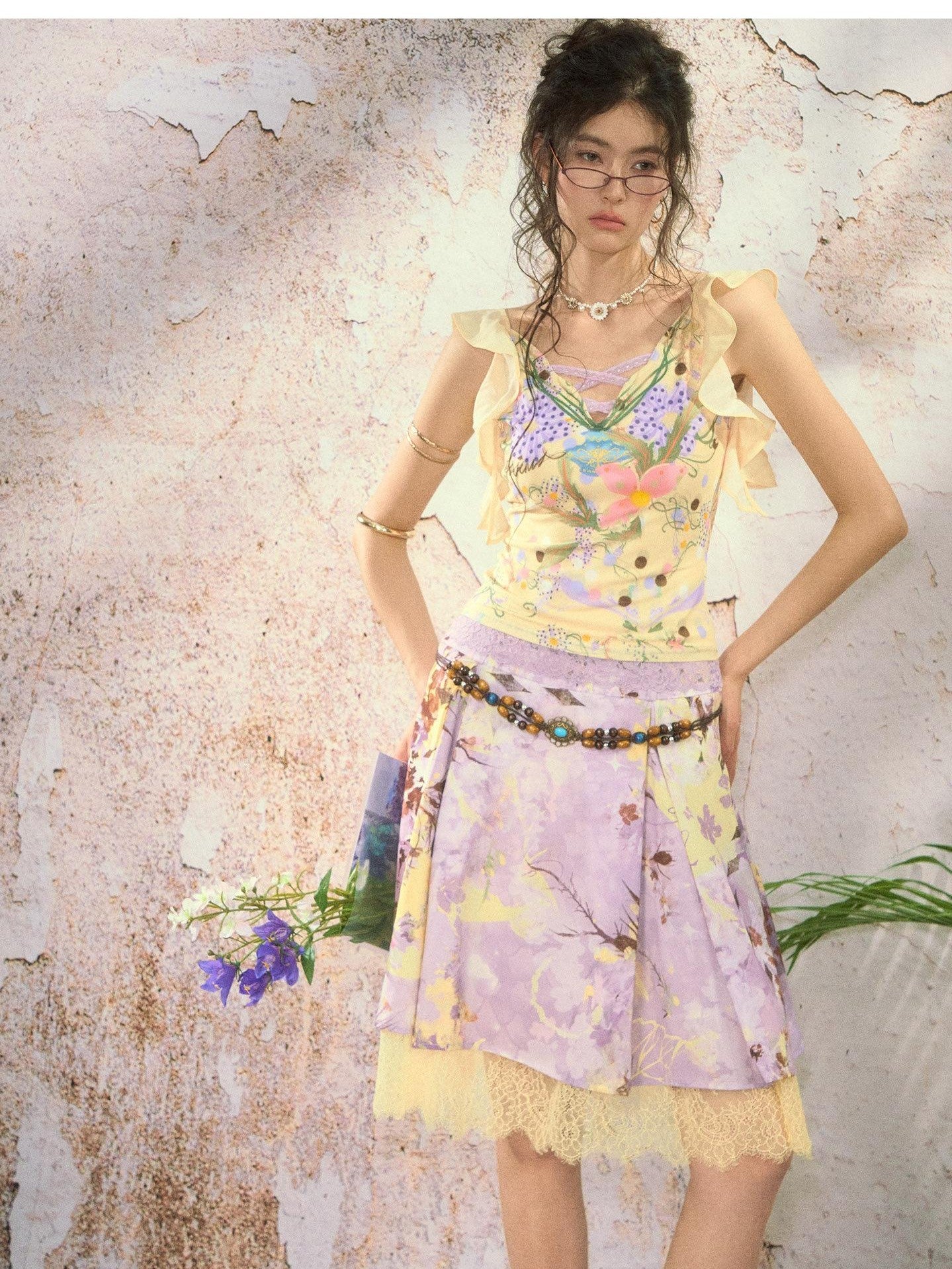 OfAkiva Handpainted Floral Ruffle Cross Tie Women&