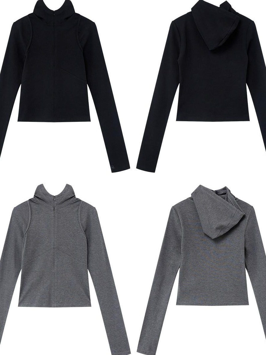RUN TO THE FUTURE Slim Fit Hooded Zip Casual Women Cotton Blend Black Long Sleeve T-Shirts