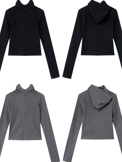 RUN TO THE FUTURE Slim Fit Hooded Zip Casual Women Cotton Blend Black Long Sleeve T-Shirts