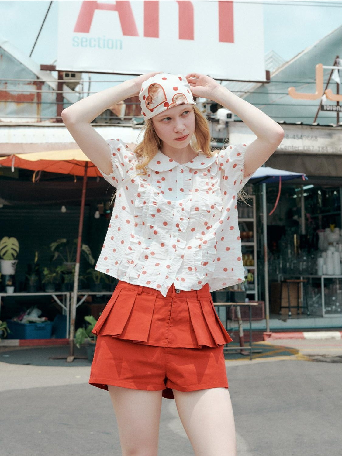 OuttheBlue Waist Cinch Ruffle Casual Puff Sleeve Doll Collar Polka Dot Women Shirts