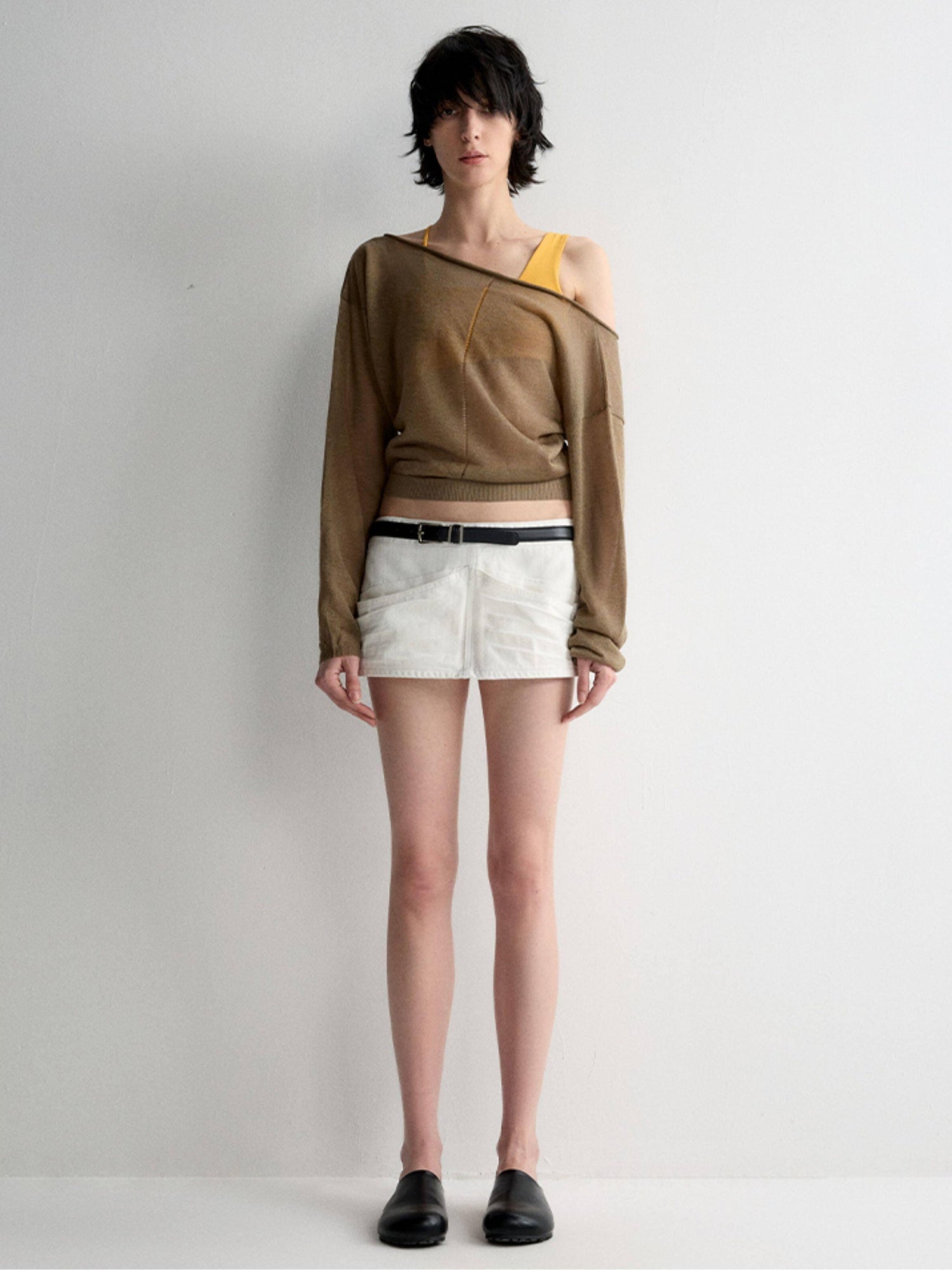 RUN TO THE FUTURE Lyocell Wool Blend Reversible Loose Cropped Boat Neck Knit Long Sleeve T-Shirts