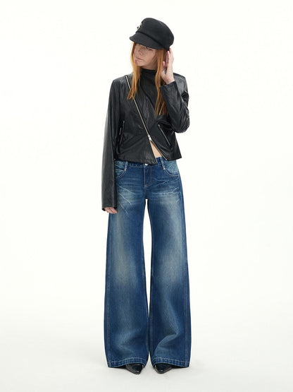 RUN TO THE FUTURE Vintage Blue Washed Mid Rise Cotton Zipper Women No Stretch Straight Jeans