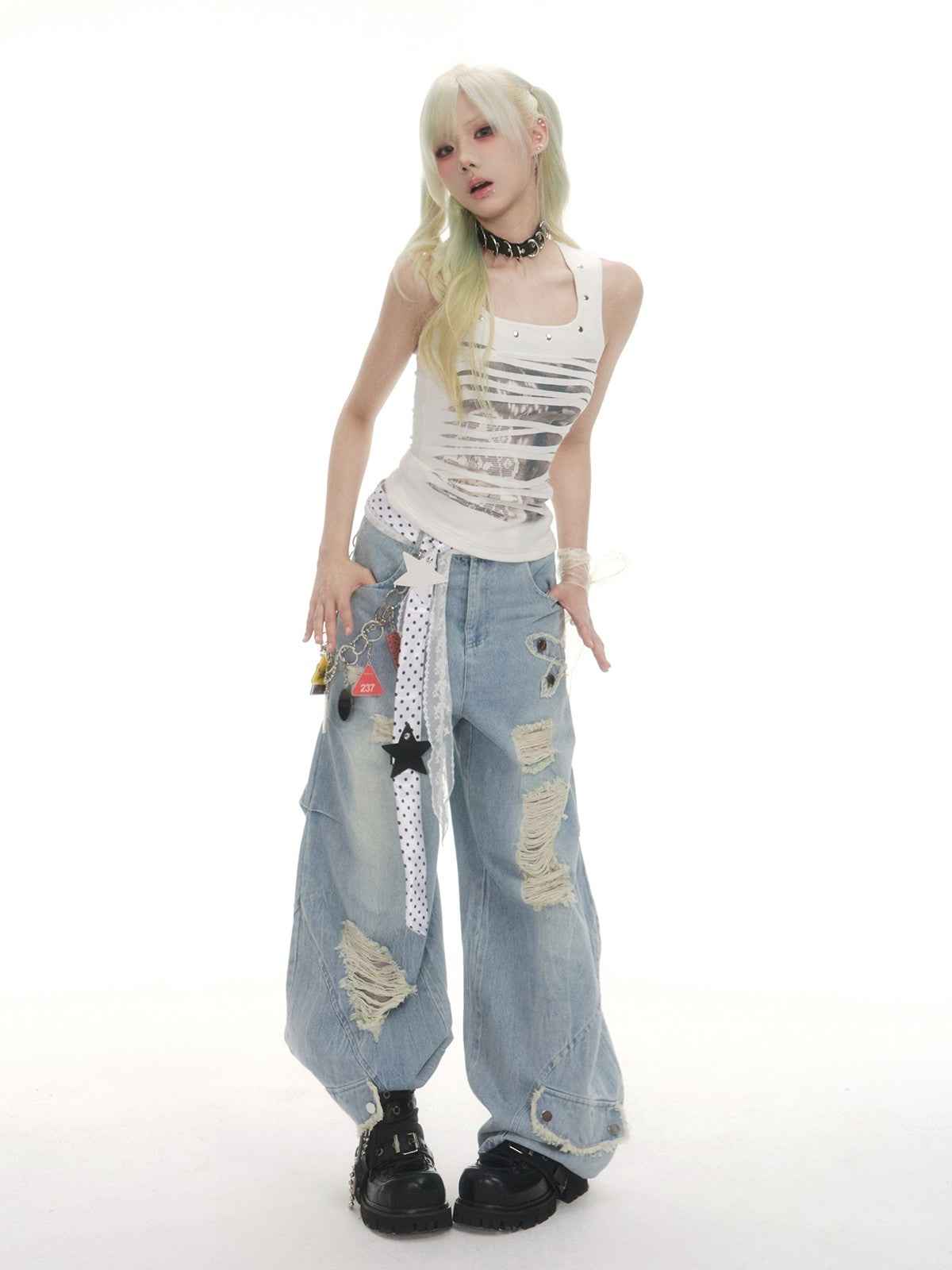 Frustration Garden Ripped Print Studded Irregular Double Layer Crop Slim U Neck Women&
