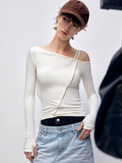 RUN TO THE FUTURE Quick Dry Modal Slim Asymmetric Neckline Cream Cropped Long Sleeve T-Shirts