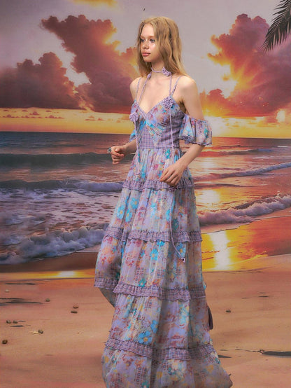 The NeverMore High Waist A Line V-neck Strappy Street Women Blue Purple Polyester Maxi Dresses