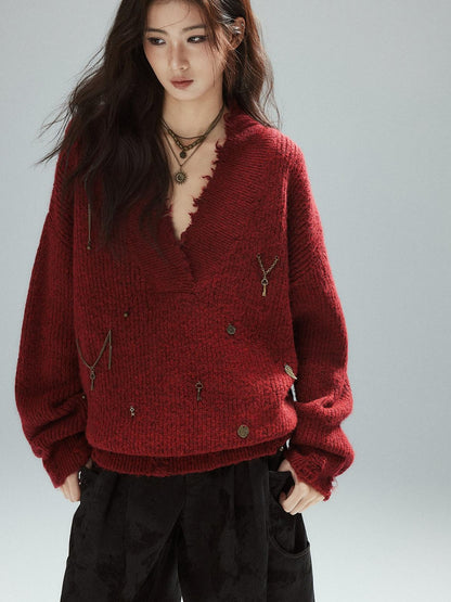 Low pixel Warm Oversized Street Raw Hem Women V-neck Red Pullover Sweaters