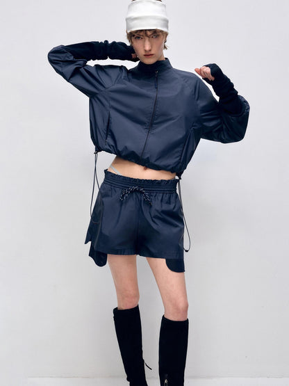 RUN TO THE FUTURE Polyester Two Piece Zip Stand Collar Casual Women Navy Green Short Trousers