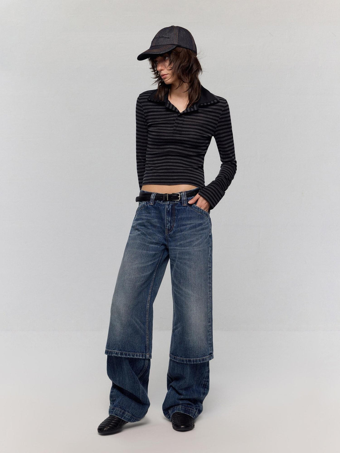 RUN TO THE FUTURE Washed Blue Denim Low Waist Relaxed Fit Casual Zipper Fly Wide-Leg Jeans