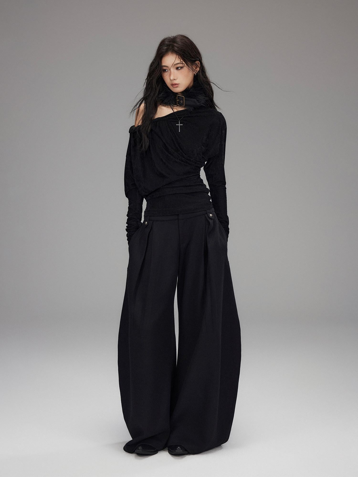 Low pixel Vintage Waist Long Sleeve Slant Neck Black Knit Women Off Shoulder Crop Tops