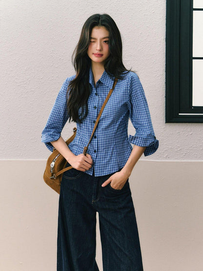 7Shiftin Dark Blue Non Stretch Natural Waist Casual Straight Cut Ladies Wide Leg Jeans