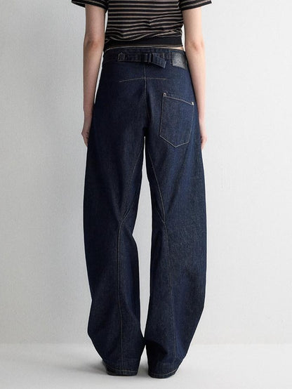 RUN TO THE FUTURE Durable Dark Cotton Denim Casual Oversized Natural Waist Ladies Wide-Leg Jeans