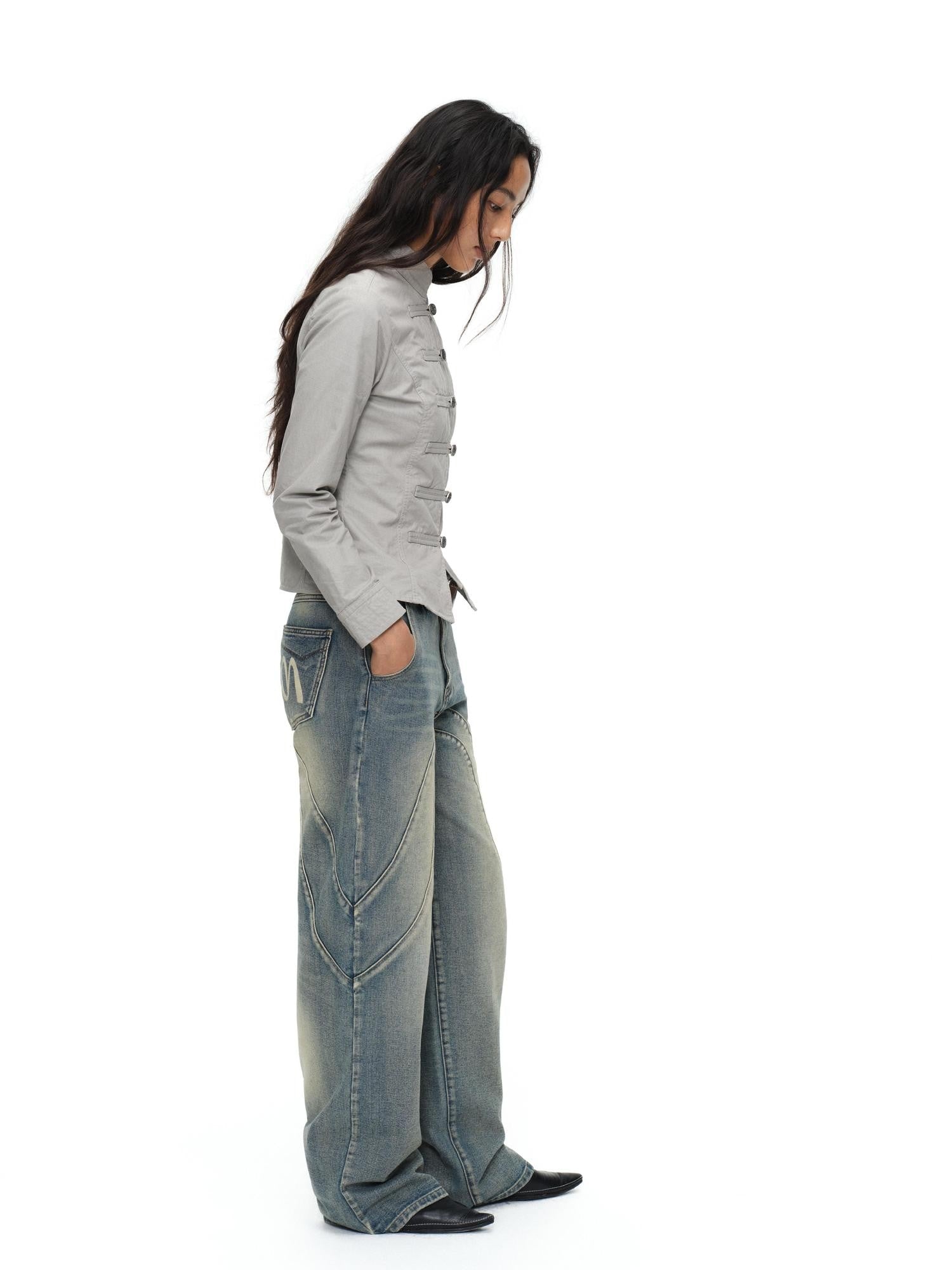 oinimi Star Gray Washed Napoleon Button Stand Collar Fitted Waist Women&