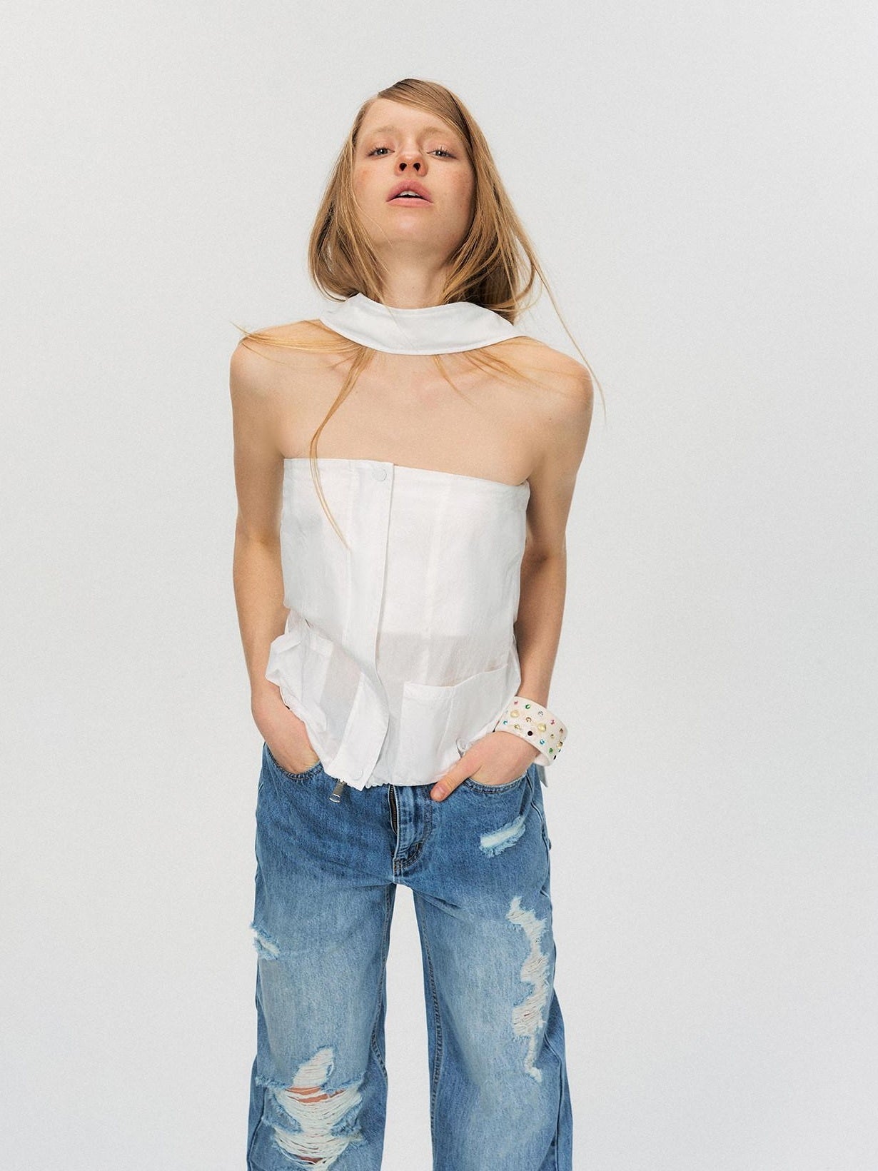 The NeverMore Zipper Front Slim Short Solid White Office Chic Strapless Tube Tops