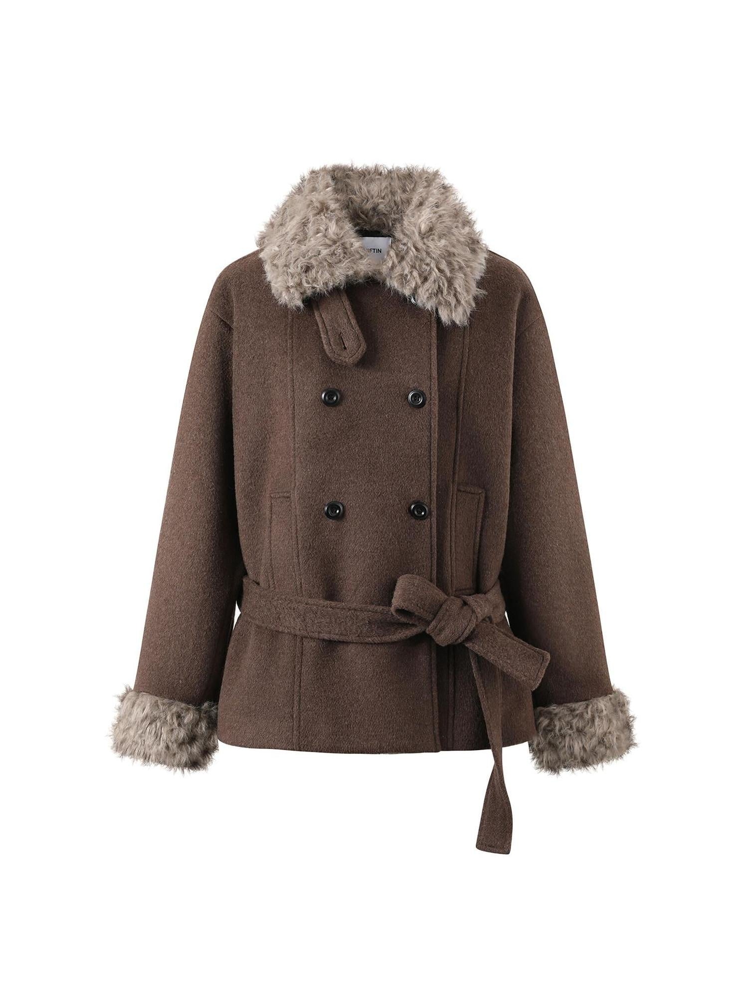 7Shiftin Warm Waist Cinched Casual Mid Length Fur Collar Double Breasted Brown Coats