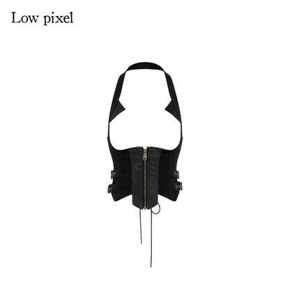 Low pixel Patchwork Streetwear Slim Fit Zipper Cotton Stretch Women Long Sleeve Crop Tops