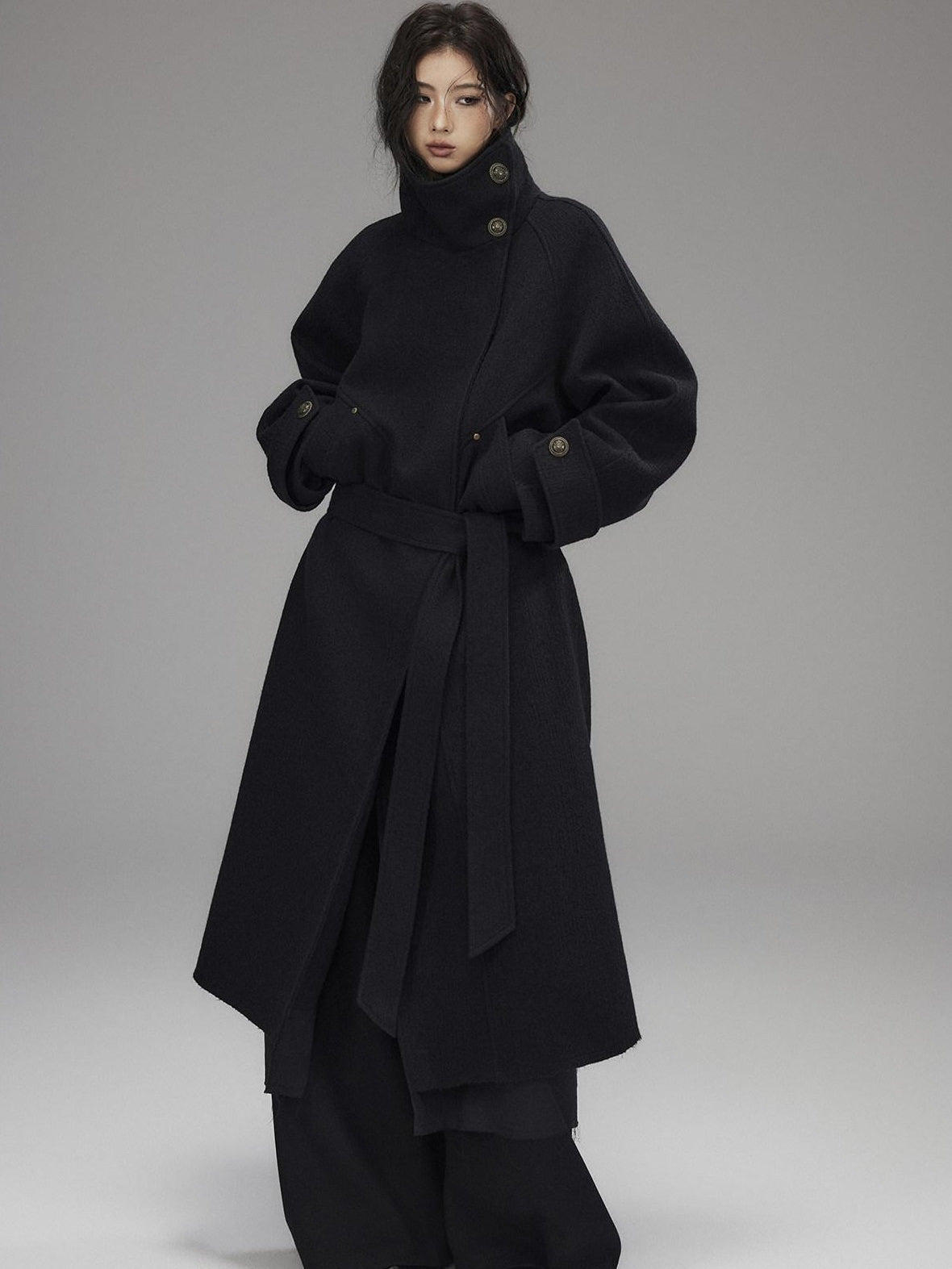 Low pixel Thick Wool Blend Oversized Streetwear European Long Zip Lapel Black Wool Coats
