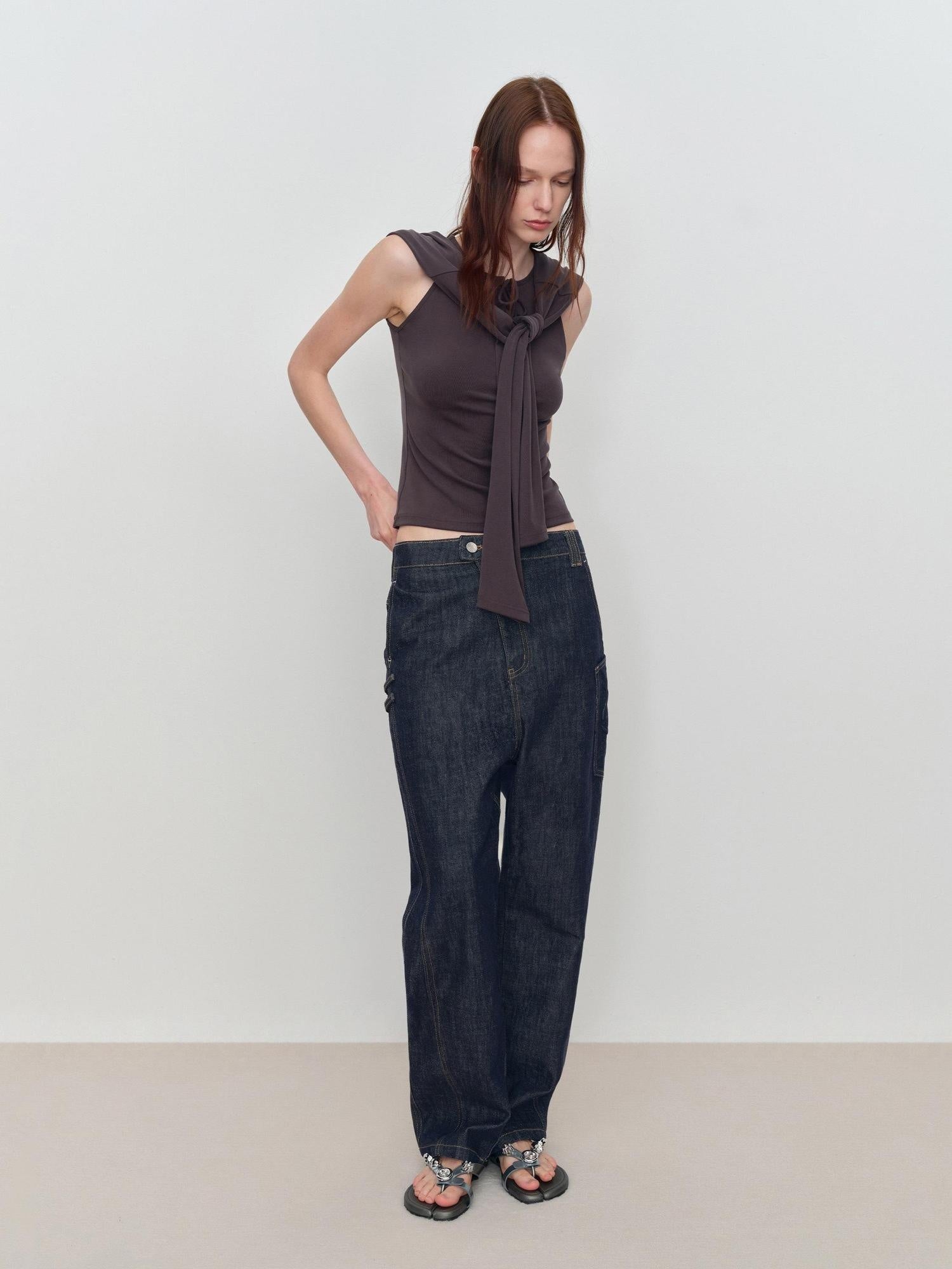 RUN TO THE FUTURE Durable Low Rise Loose Fit Casual Solid Dark Denim No Stretch Straight Jeans
