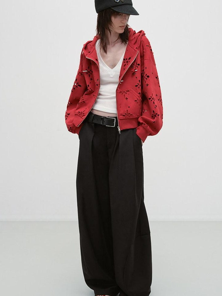 RUN TO THE FUTURE Pleated Minimalist Mid Rise Micro Stretch Casual Loose Fit Black Wide-Leg Pants