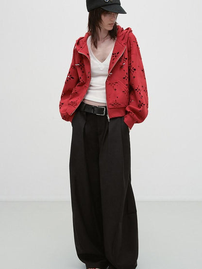 RUN TO THE FUTURE Pleated Minimalist Mid Rise Micro Stretch Casual Loose Fit Black Wide-Leg Pants