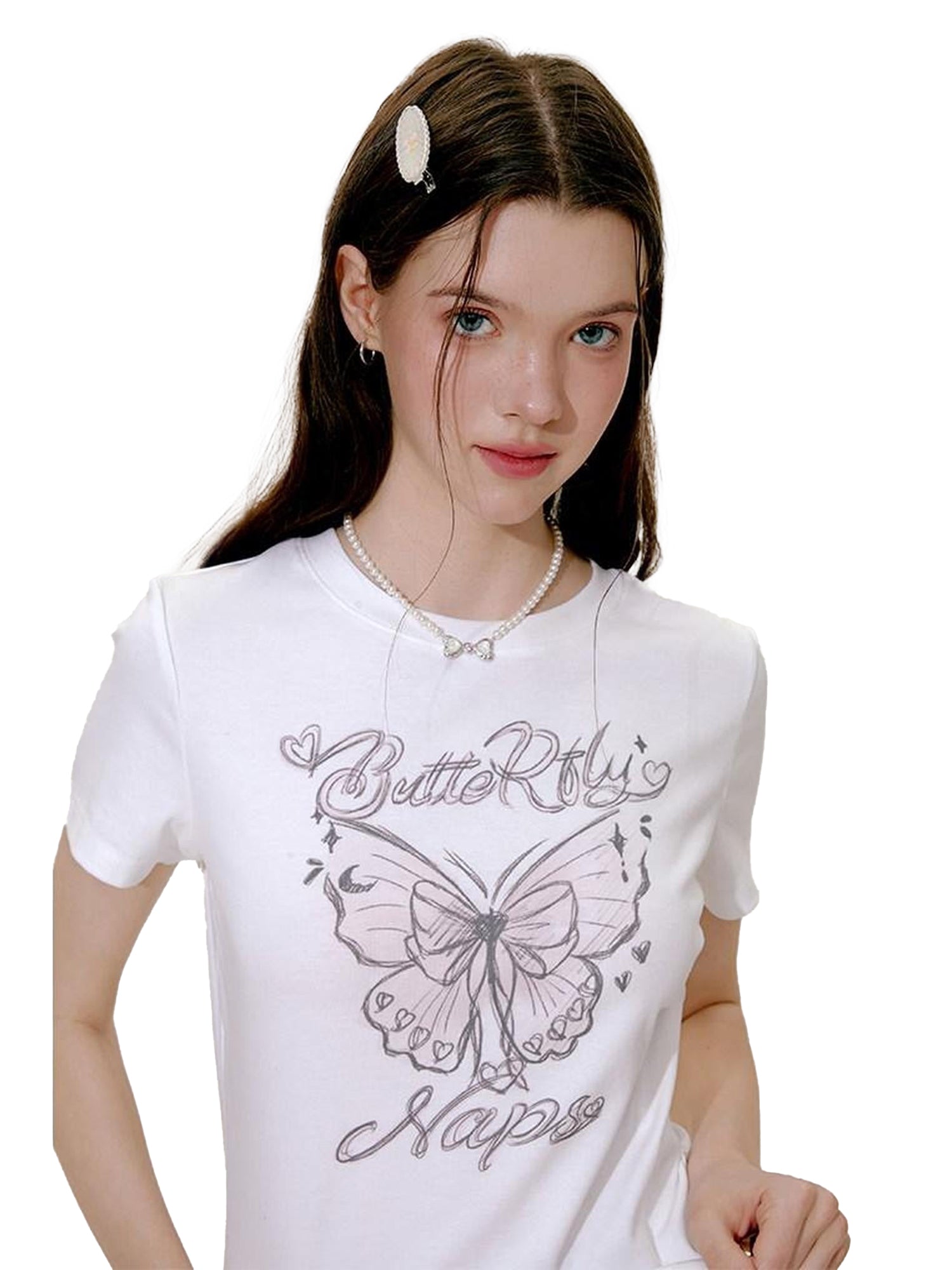NAPSNAPS Hand Drawn Butterfly Print Slim Cropped Women&