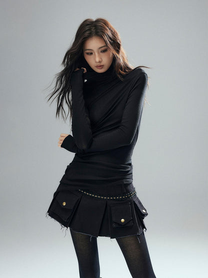 Low pixel 100% Cotton Low Waist Pleated A Line Sexy Women Daily Black Mini Skirts