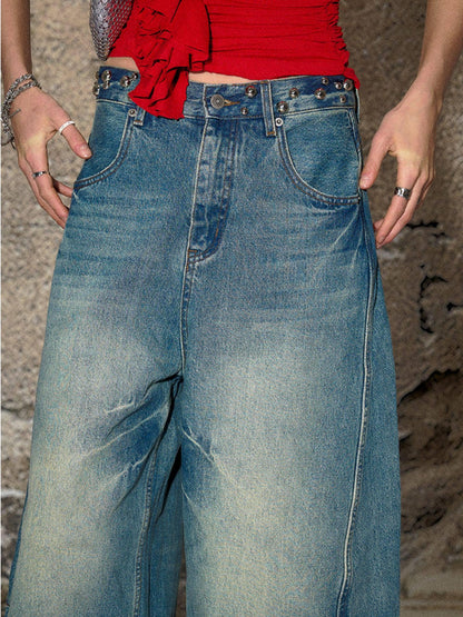 The NeverMore Durable Distressed Relaxed Loose Natural Waist Blue Denim Wide Leg Jeans