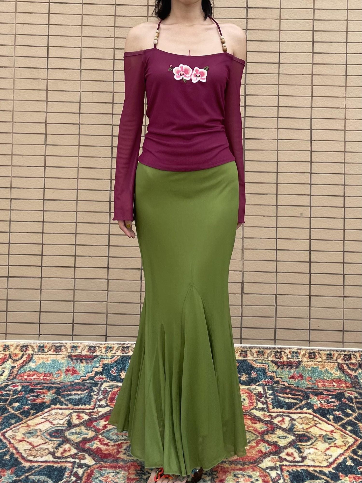 Wet Tail Elastic Mid Waist Chinese Inspired Mermaid Hem Casual Women Maxi Skirts