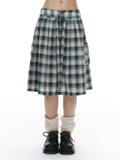 NAPSNAPS Blue Plaid Ruffle Puff Sleeve Button Tie Women&