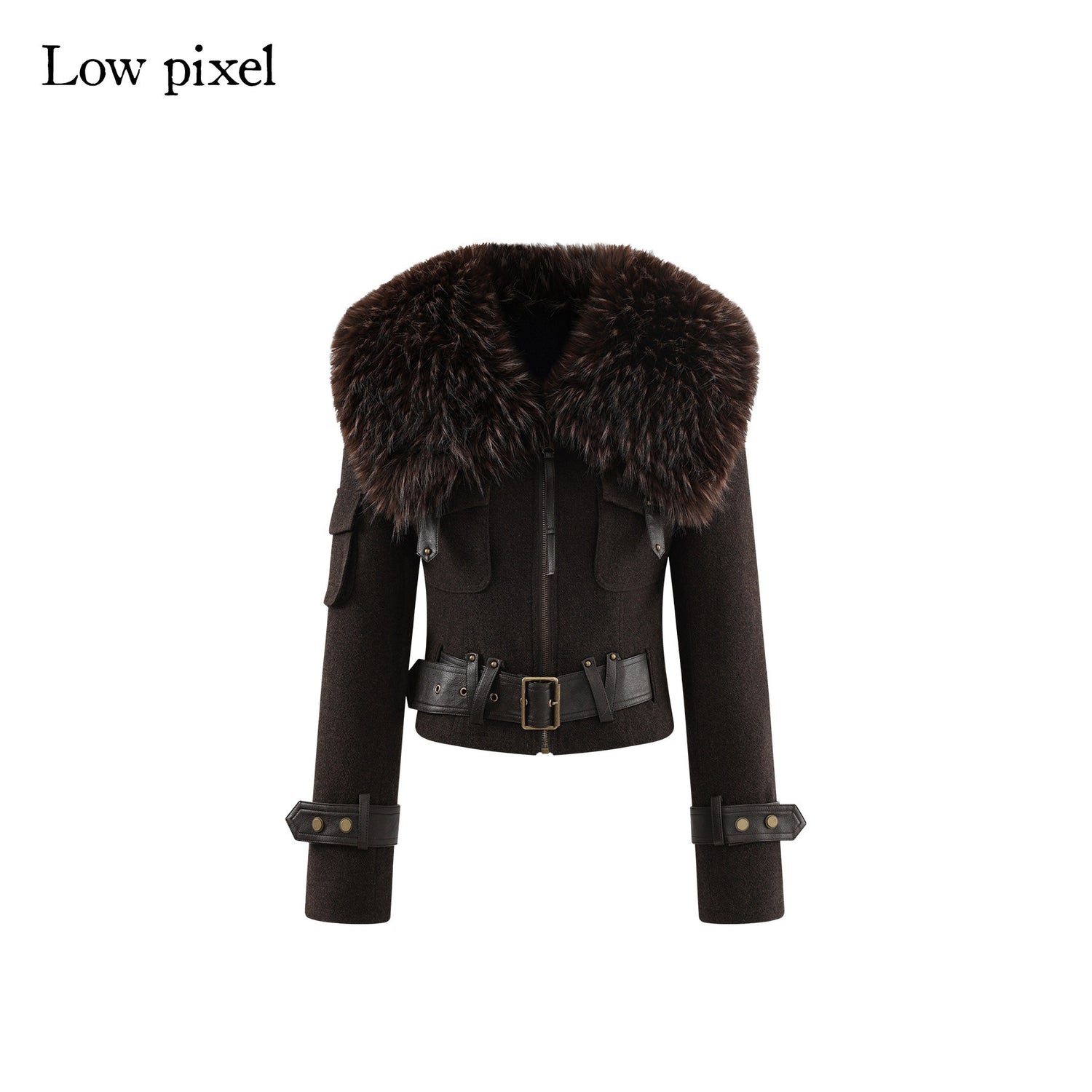 Low pixel Thick Wool Blend Slim Fit Sexy Lapel Zipper Brown Everyday Women Cropped Jackets