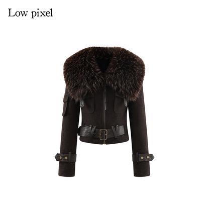 Low pixel Thick Wool Blend Slim Fit Sexy Lapel Zipper Brown Everyday Women Cropped Jackets