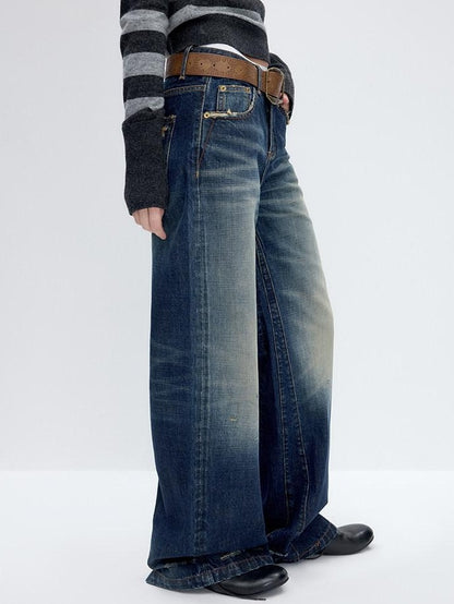 RUN TO THE FUTURE Washed Deep Navy Low Rise Loose Fit Casual Denim Wide Leg Straight Jeans