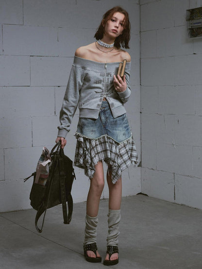 Cest Nous Washed Deconstructed Plaid Patchwork Asymmetric Women&