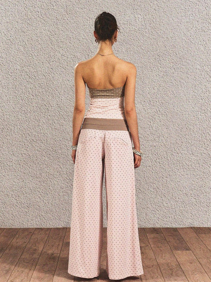 The NeverMore Polka Dot Cotton Two Piece Colorblock Sexy High Waist Pants Tube Tops