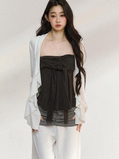 7Shiftin Two Piece V-neck Long Sleeve Casual Layered Set Women White Gray Blouses