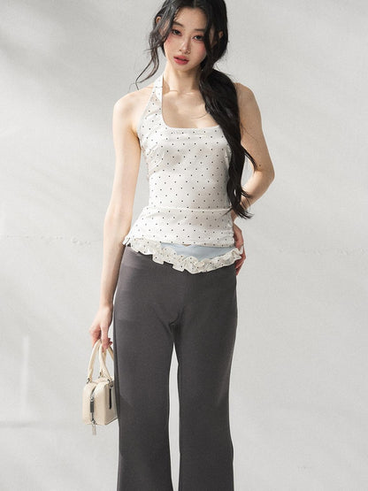 7Shiftin Polka Dot Two Piece Slim Short Sleeve Shirt Women High Waist Basic Crop Tops