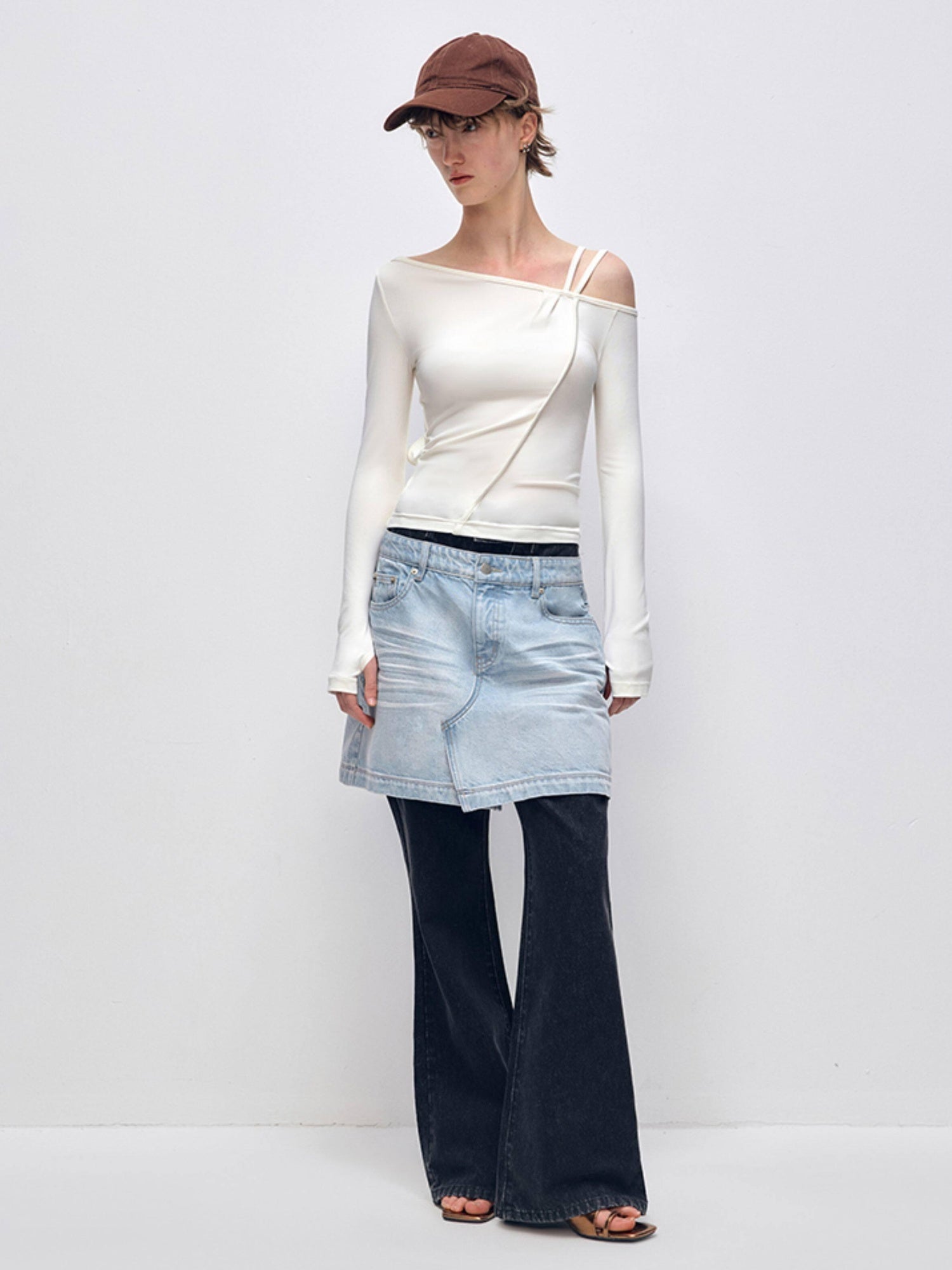 RUN TO THE FUTURE Quick Dry Modal Slim Asymmetric Neckline Cream Cropped Long Sleeve T-Shirts