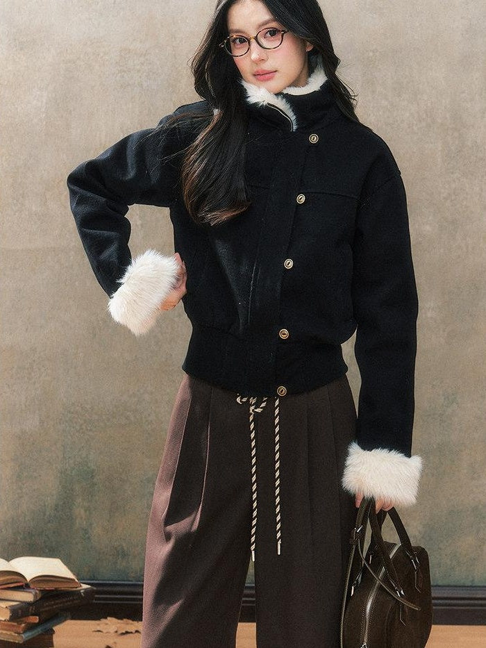7Shiftin Original Slim Women Stand Collar Button Pocket Warm Black Fur Cropped Jackets