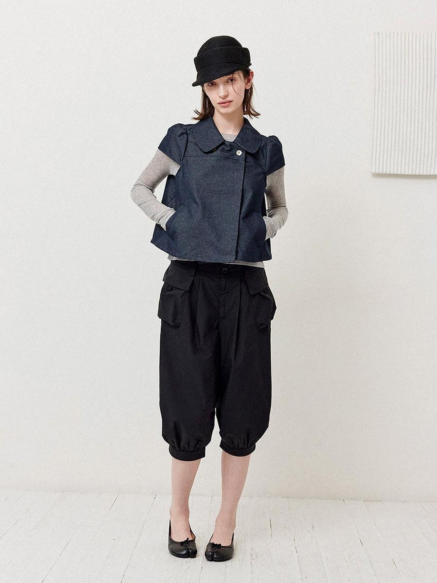 DKZ OFFICIAL Deep Blue Double Buttons Doll Collar Puff Sleeves Women&