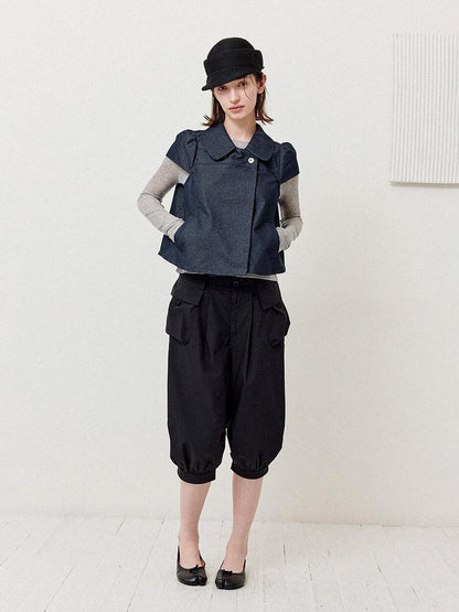 DKZ OFFICIAL Deep Blue Double Buttons Doll Collar Puff Sleeves Women&