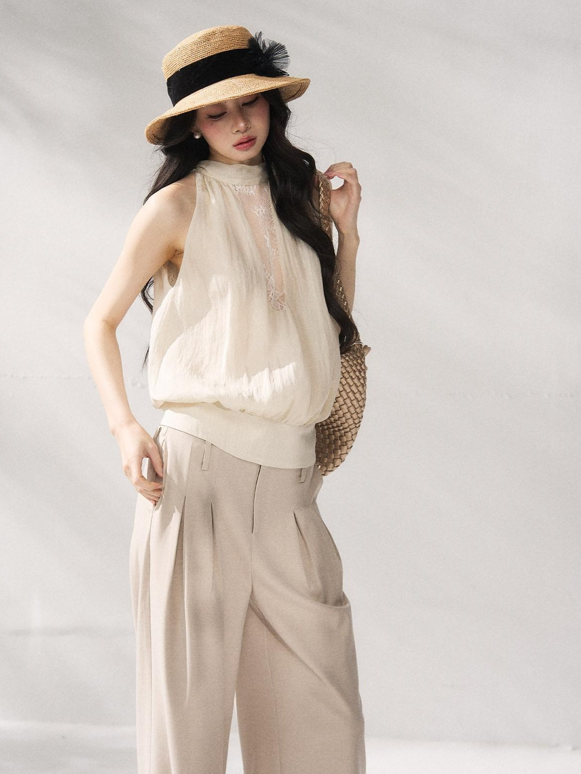 7Shiftin Soft Lyocell Loose Halter High Neck Short Beige Womens Off Shoulder Crop Tops