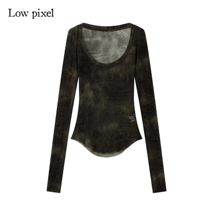 Low pixel Lightweight Stretch Slim Fit Round Neck Olive Green Casual Long Sleeve T-Shirts