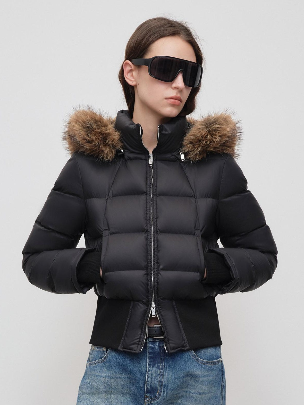 RUN TO THE FUTURE Warm 90 Percent White Duck Slim Hooded Fur Collar Black Women Zip Down Jackets
