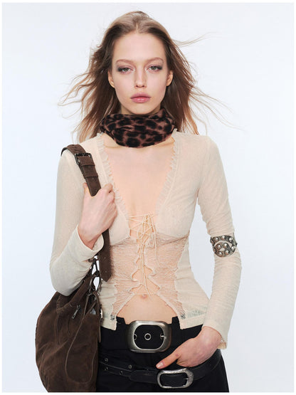 2th Desire Sheer Mesh Spliced Punk Slim Fit Women Long Sleeve Tie Front Blouses