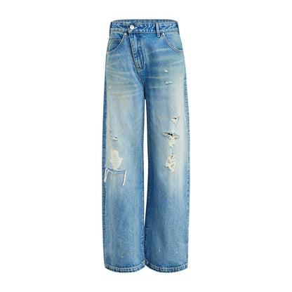 RUN TO THE FUTURE Durable Distressed Low Rise Loose Fit Casual Light Blue Denim Wide-Leg Jeans