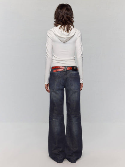 RUN TO THE FUTURE Washed Low Rise Loose Fit Casual Womens Black Stretch Denim Straight Jeans