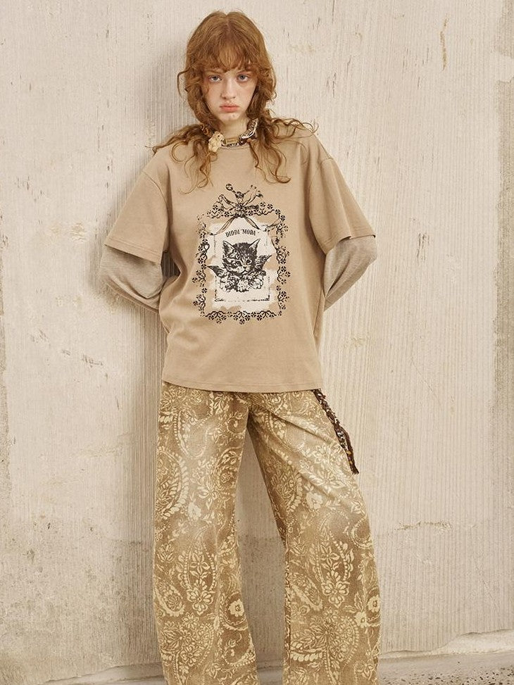 DIDDI MODA Angel Kitten Print Faux Layered Loose Women&