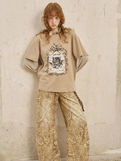 DIDDI MODA Angel Kitten Print Faux Layered Loose Women&