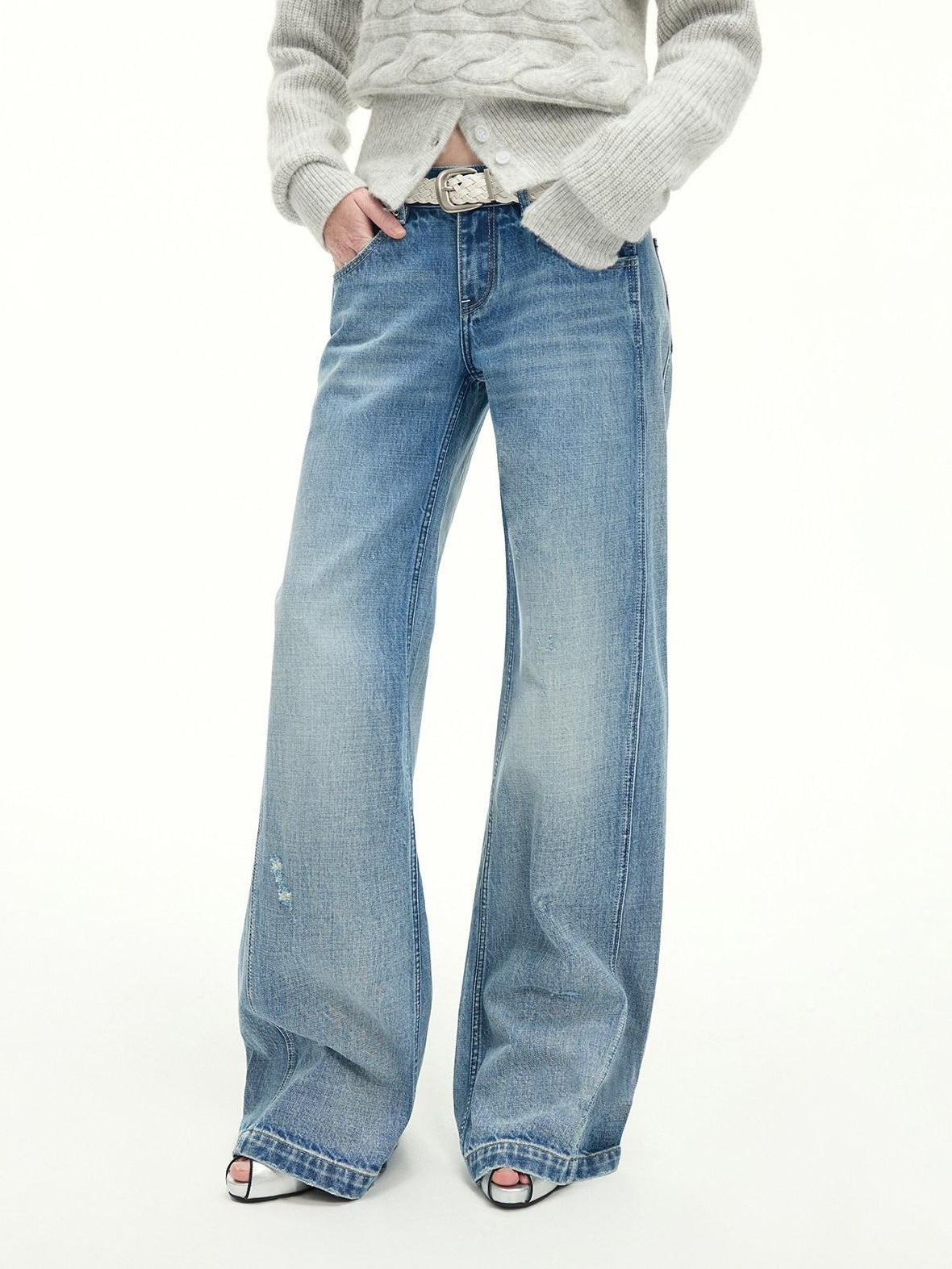 RUN TO THE FUTURE Vintage Washed Flared Cotton Natural Waist Women Blue Wide-Leg Jeans