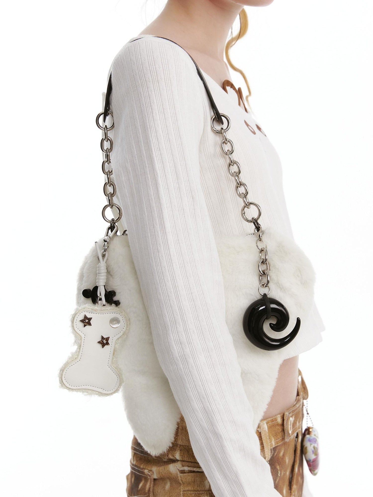 nit alcove Cute Plush Animal Chain Euro Chic Youth Single Strap Shoulder White Bags